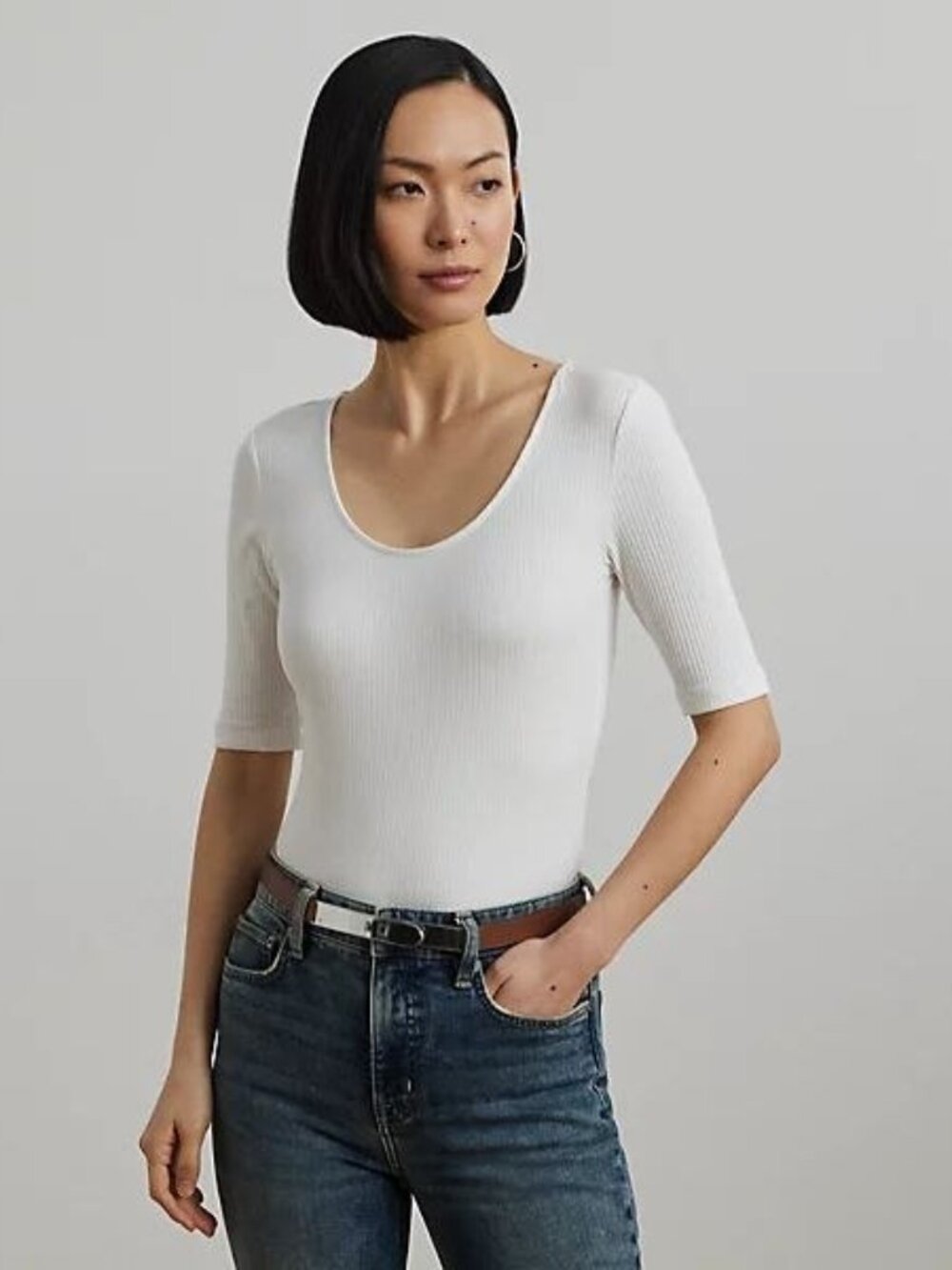 Lauren Ralph Lauren Rib-Knit Cotton-Blend Elbow-Sleeve Tee white  Size M